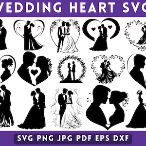 Pakiet SVG z sercami ślubnymi, Pakiet SVG z motywem ślubu, Para SVG, Sylwetka ślubu, Panna młoda i pan młody SVG, Uroczysta uroczystość ślubna, Pliki Cut dla Cricut.