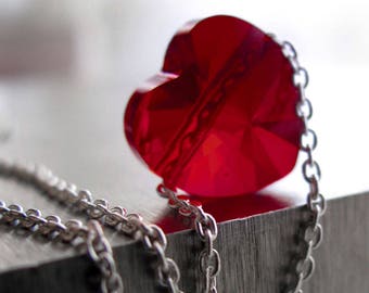 Red Crystal Heart Pendant Necklace with Silver Chain, Valentines Gift of Love