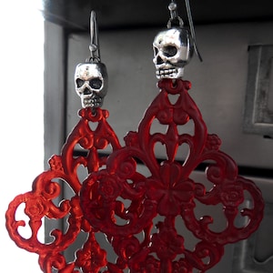 Blood Red Chandelier Earrings with Silver Skulls - Goth Gothic Halloween Jewelry, Dark Red Ornate Acrylic Large Chandelier Earrings