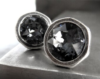 Large Black Night Crystal Stud Earrings w Antiqued Silver Bezel, Large Black Crystal Post Earrings, Black Crystal Silver Lever Back Earrings