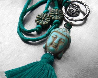 Buddha Tassel Necklace, Teal Green Tassel with Silk Cord, Silver OM Necklace, Hindu Jewelry, Buddha Buddhist Jewelry, Boho Yoga Jewelry