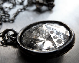 DISTRESSED - 'Silver Patina' Crystal Necklace w Crystal Pendant, Black Chain - Vintage Style Goth Halloween Necklace, Goth Wedding Necklace