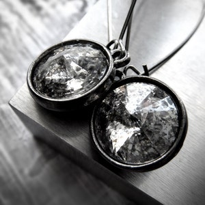 Black Silver Patina Crystal Earrings - Mercury Glass Rivoli Crystal Earrings in Black Gunmetal Bezels, Black Gothic Halloween Earrings