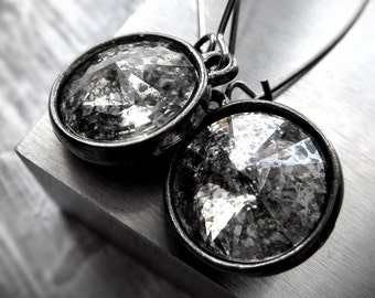 Black Silver Patina Crystal Earrings - Mercury Glass Rivoli Crystal Earrings in Black Gunmetal Bezels, Black Gothic Halloween Earrings