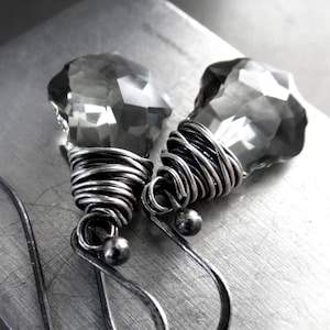 Black Diamond Crystal Earrings, Fancy Sparkly Gray Crystal Earrings, Wire-Wrapped Oxidized Sterling Silver Earrings, Baroque Crystal Earring