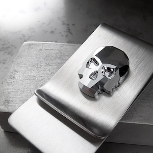 Clip para billetes con forma de calavera, clip para billetes con forma de calavera de cristal de color plateado metálico, clip para billetes de acero cepillado, billetera delgada, regalo para novios, regalo para padrinos de boda