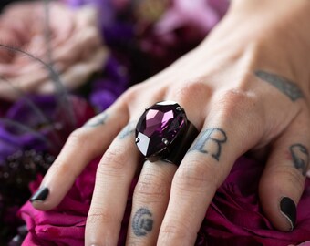 SORCERESS - Large Teardrop Amethyst Purple Crystal Ring: Adjustable Gothic Cocktail Ring, Witchy Woman