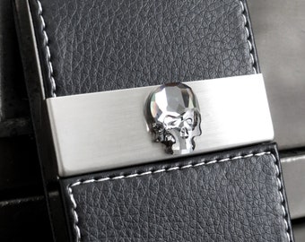 Crystal Skull Business Card Holder Case - Black Vegan Faux Leather with White Stitching - Mens Slim Wallet for Money, ID Card, Credit Cards