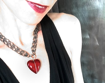 BIG LOVE - Large Red Heart Necklace, Venetian Glass Heart Pendant with Black Gunmetal Chain, Bold Sexy Gothic Valentines Day Gift for Women