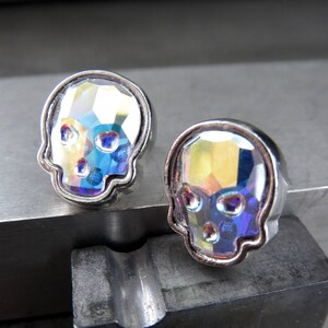 Iridescent Crystal Skull Stud Earrings, Shimmer Crystal AB in Silver Tone Bezels, Sweet Goth, Gothic Halloween Jewelry, Unisex Post Studs