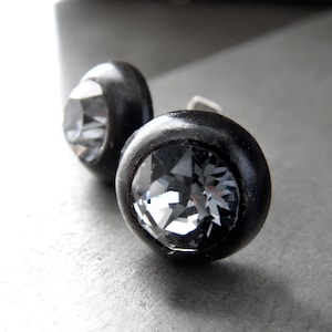 Ultra Modern Black Night Crystal Stud Earrings - Unisex Black Rhinestone Post Earrings, Mens Black Studs, Unisex Studs, Minimalist Jewelry