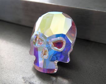 Small Sparkly Crystal Skull Pin - Iridescent Crystal Skull Tie Tack, Skull Magnet, Skull Tie Pin, Groomsmen Gift - Pastel Rainbow Skull Pin