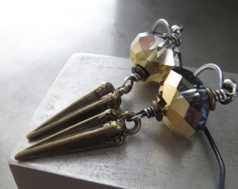 DAGGER - Gold Crystal Earrings with Antiqued Brass Pointed Spikes, Dark Medieval Renaissance Jewelry, Vintage Style Goth Gothic Jewelry