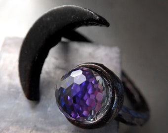 Black Crescent Moon Ring with Purple Vintage Crystal - Mystical Jewelry