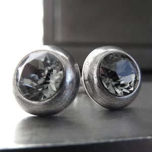 Ultra Modern Black Diamond Crystal Silver Stud Earrings - Unisex Silver Post Earrings w Grey Rhinestone Crystal, Minimalist Silver Jewelry
