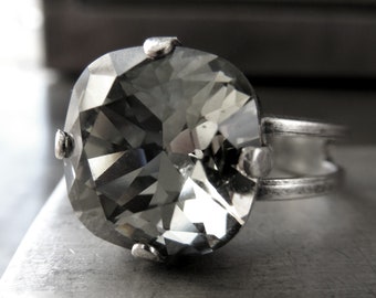 Sparkling Black Diamond Crystal Ring with Elegant Cushion Cut Soft Gray Crystal, Antiqued Silver Adjustable Ring Band, 4470