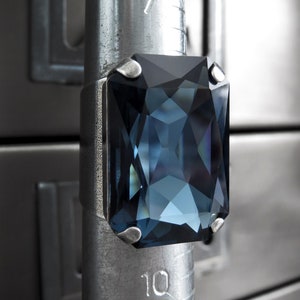 NOBILITY - Large Midnight Blue Crystal Ring, Mens Blue Ring, Large Rectangle Blue Cocktail Ring, Adjustable Band - Unisex Modern Silver Ring