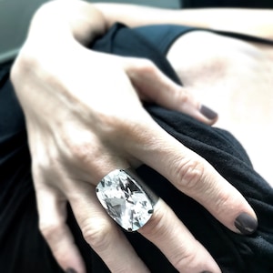 DIVINITY - Dazzling Large Crystal Clear Cocktail Ring - Exquisitely Faceted Clear Crystal Ring, Wide Cuff Adjustable Ring Band