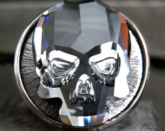 Black Crystal Skull Ring with Black Gunmetal Adjustable Ring Band - Goth Gothic Skull Ring - Unisex Womens Mens Crystal Skull Ring