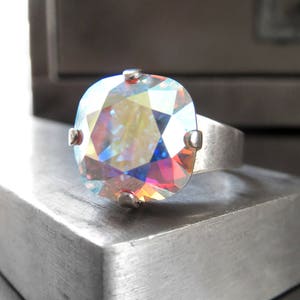AURA - Sparkly Crystal Ring with Iridescent Crystal AB, Antiqued Silver Adjustable Ring - Multicolor Rainbow Shimmering Pastel Colors, 4470