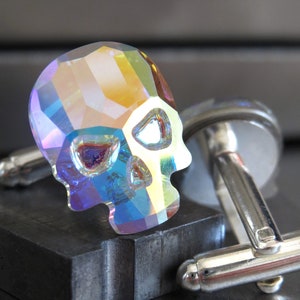 Dazzling Crystal Skull Cufflinks, Iridescent Rainbow Crystal AB Skull Cufflinks - Gay Wedding, Groom, Groomsmen, Husband, Fathers Day Gift