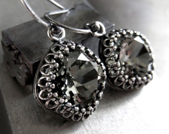 ETERNITY - Small Black Diamond Crystal Earrings, Romantic Antiqued Silver Vintage Style Wedding Bride Bridal Bridesmaid Crystal Jewelry