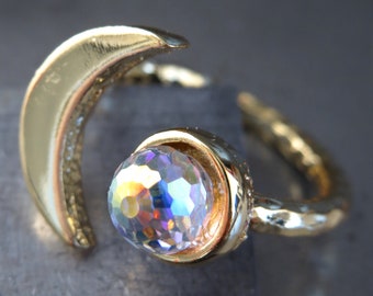 CELESTIAL - Gold Crescent Moon Ring with Vintage Crystal Ball with AB Iridescent Finish, Moon Jewelry - Romantic Gift for Teen Girl, Women