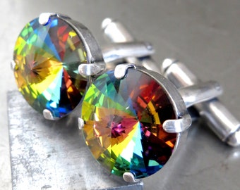 Rainbow Cufflinks w Colorful Round Crystal - Love is Love - LGBTQ Gay Wedding, Gay Groom Groomsmen Gift, Gay Pride Queer Unisex Cuff Links