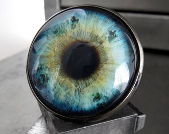 Large Blue Eyeball Ring - Photo-Realistic Eye Ball Ring, Evil Eye Ring, Adjustable Black Ring Band - Goth Halloween Gift for Teen