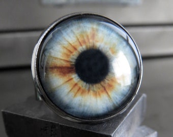 Halloween Eyeball Ring, Glossy Soft Blue Grey Amber Eye Ball Ring - 2 sizes, Adjustable Black Ring Band, Gothic Halloween Gift for Teen