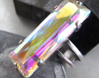 HEAVEN - Baguette Crystal Ring w Mystical Multicolor Crystal AB - Shimmer Flashy Colors, Pastel Yellow, Pink, Purple, Blue - Adjustable Band