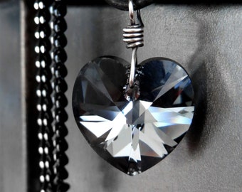 TOUGH LOVE V2 - Black Crystal Heart Pendant Necklace, Black