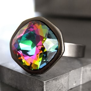 BAD WITCH - Dark Wicked Crystal Ring in Yellow, Green, Blue, Magenta - Multicolor Crystal Ring with Black Gunmetal Adjustable Ring Band