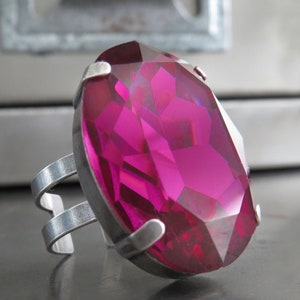 I&#39;M DESSERT - Large Oval Magenta Crystal Ring - Deep Fuchsia, Dark Raspberry Oval Crystal Ring, Antiqued Silver Adjustable Ring Band,
