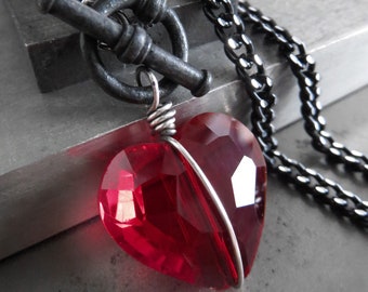 TOUGH LOVE V2 - Red Heart Necklace, Red Glass Heart Pendant with Silver Black Chain, Goth Gothic Valentine's Day Gift for Punk Rock Girl