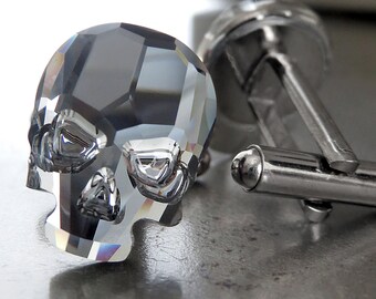 Black Crystal Skull Cufflinks, Skull Cuff Links in Black Crystal