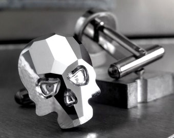 Silver Crystal Skull Cufflinks, Skull Cufflinks with Metallic Chrome Crystal, Badass Grooms Cufflinks, Gift for Groomsmen Best Man Husband