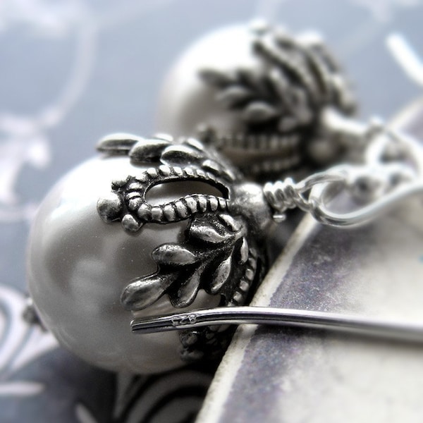 Christmas Snow White Pearl Earrings w Antiqued Silver, Snow White Pearl Earrings, Vintage Style Winter Wedding Jewelry, Christmas Earrings