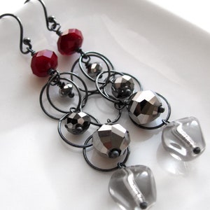 Smoke & Lipstick Earrings - Dark Blood Red, Black Mirrored Glass Bead Long Earrings, Oxidized Sterling Silver, Edgy Geometric Modern Jewely