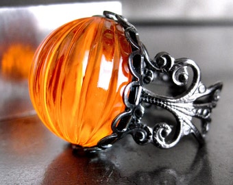 Orange Halloween Pumpkin Ring, Fun Halloween Ring Gift for Teen, Pumpkin Lover Gift, Black Adjustable Ring, Trick or Treat Gift Teen Girl