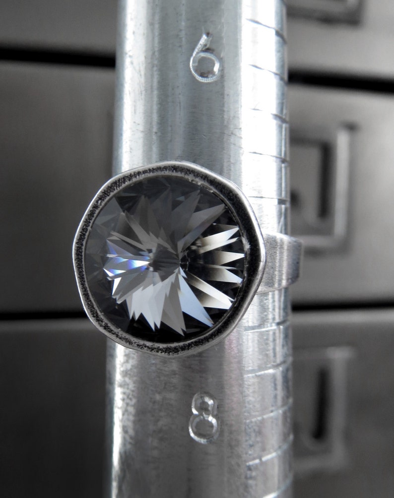 Black Night Crystal Ring with Rivoli Crystal, Antiqued Silver Adjustable Ring Band, Black Diamond Crystal Ring, Modern Minimalist Jewelry image 3