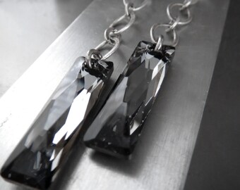 DRAMA - Long Modern Crystal Earrings, Geometric Black Crystal Earrings with Antiqued Silver Chain, Modern Architectural Earrings and Jewelry