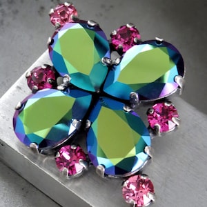 Lucky Four Leaf Clover Brooch - Pink Green Crystal Vintage Style Lucky Pin, St Patricks Day Pin, Luck of the Irish Pin - OOAK One of a Kind