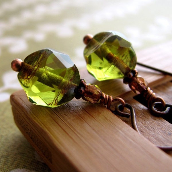 Earthy Green Glass Earrings - Boho Small Green Earrings with Organically Shaped Olive Glass Beads with Earthy Brown Finish, Antiqued Copper