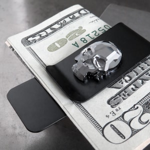 Clip para billetes con forma de calavera negra, clip para billetes negro mate con cristal de calavera, billetera delgada para hombre, regalo para papá, regalo para el día del padre, regalo para padrinos de boda