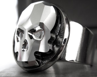 Skull Ring with Metallic Silver Crystal Skull - Black Gunmetal Adjustable Ring Band - Goth Gothic Skull Ring - Unisex Womens Mens Ring