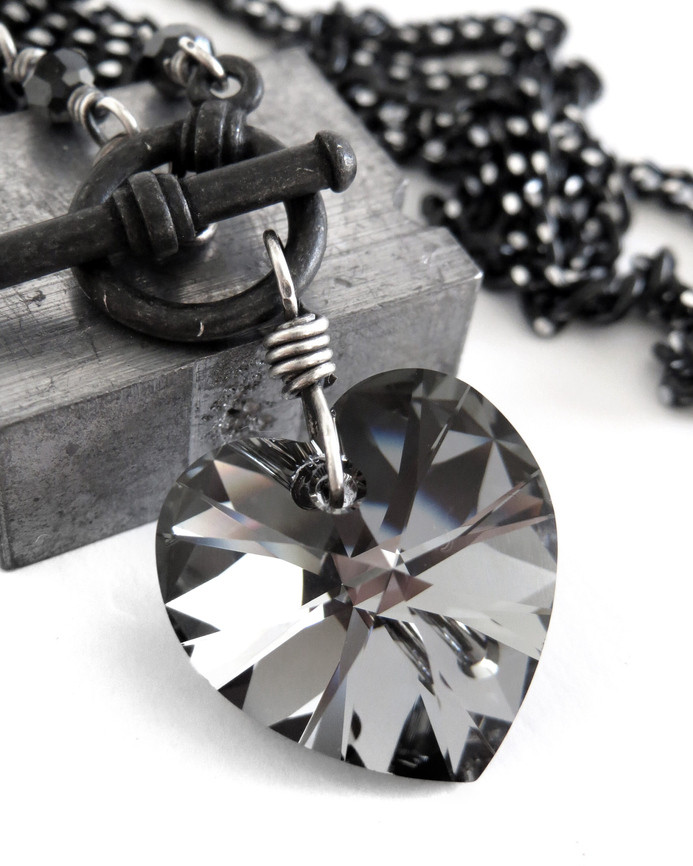TOUGH LOVE V2 - Black Crystal Heart Pendant Necklace, Black