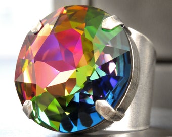 SHOWTIME V2: Dazzling Rainbow Crystal Ring, Large Round Colorful Crystal Cocktail Ring, Drag Queen Show Girl Ring, LGBTQIA Queer Gay Pride