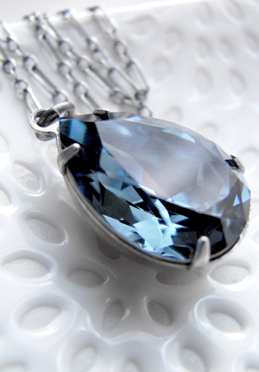 Blue Crystal Teardrop Necklace with Oxidized Sterling Silver Etsy