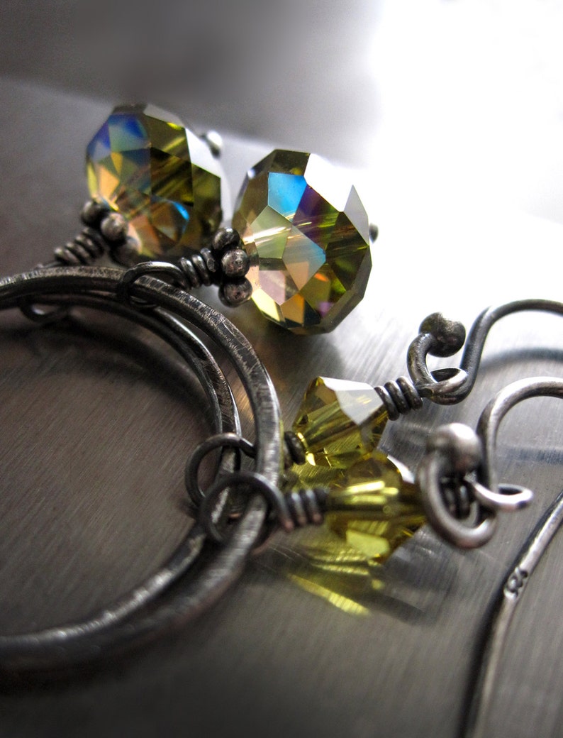 Olive Green Crystal Hoop Earrings Oxidized Sterling Silver Etsy
